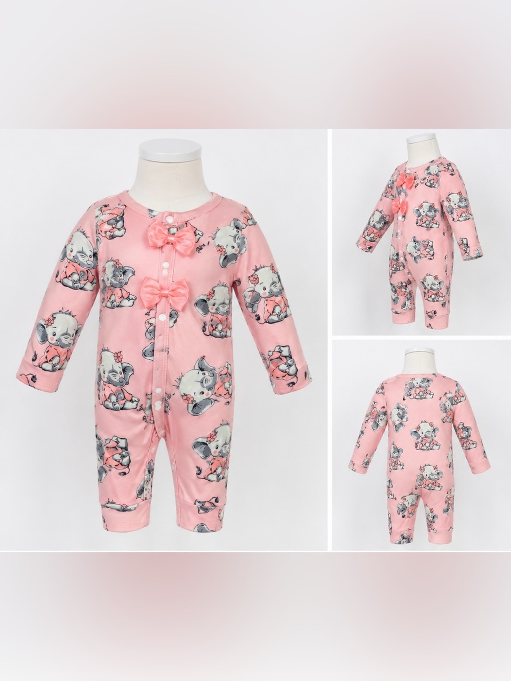 SHEIN Pink Bow-Front Elephant Print One-Piece Bodysuit
